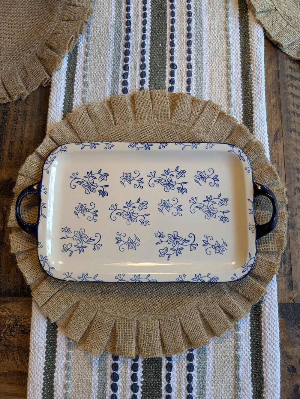 Temp-tations Blue Floral Lace Ceramic Serving Platter with Handles